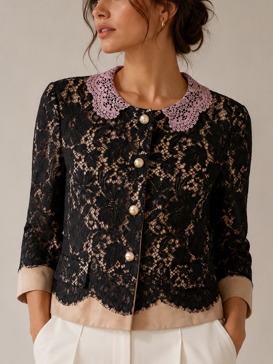Gucci Jackets & Blazers - GUCCI Black Lace Cropped Jacket Silk Lined Pink Crochet Collar Italy IT 40